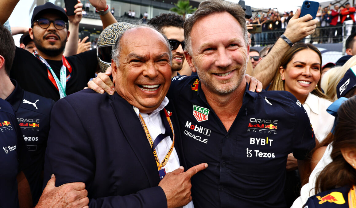 MEXICO CITY, MEXICO - OCTOBER 30: Red Bull Racing Team Principal Christian Horner and Antonio Perez Garibay celebrate in parc ferme during the F1 Grand Prix of Mexico at Autodromo Hermanos Rodriguez on October 30, 2022 in Mexico City, Mexico.