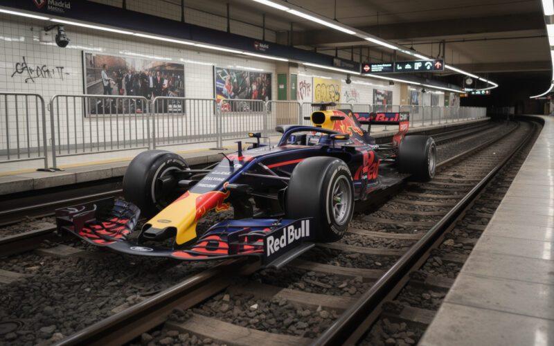 a red bull f1 car was unexpectedly spotted on madrid railway tracks, causing amusement and disbelief among fans who reacted with humor and surprise.