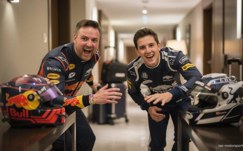 max verstappen and isack hadjar join forces in a hilarious prank on hotel guests, bringing laughter and surprises to their stay.