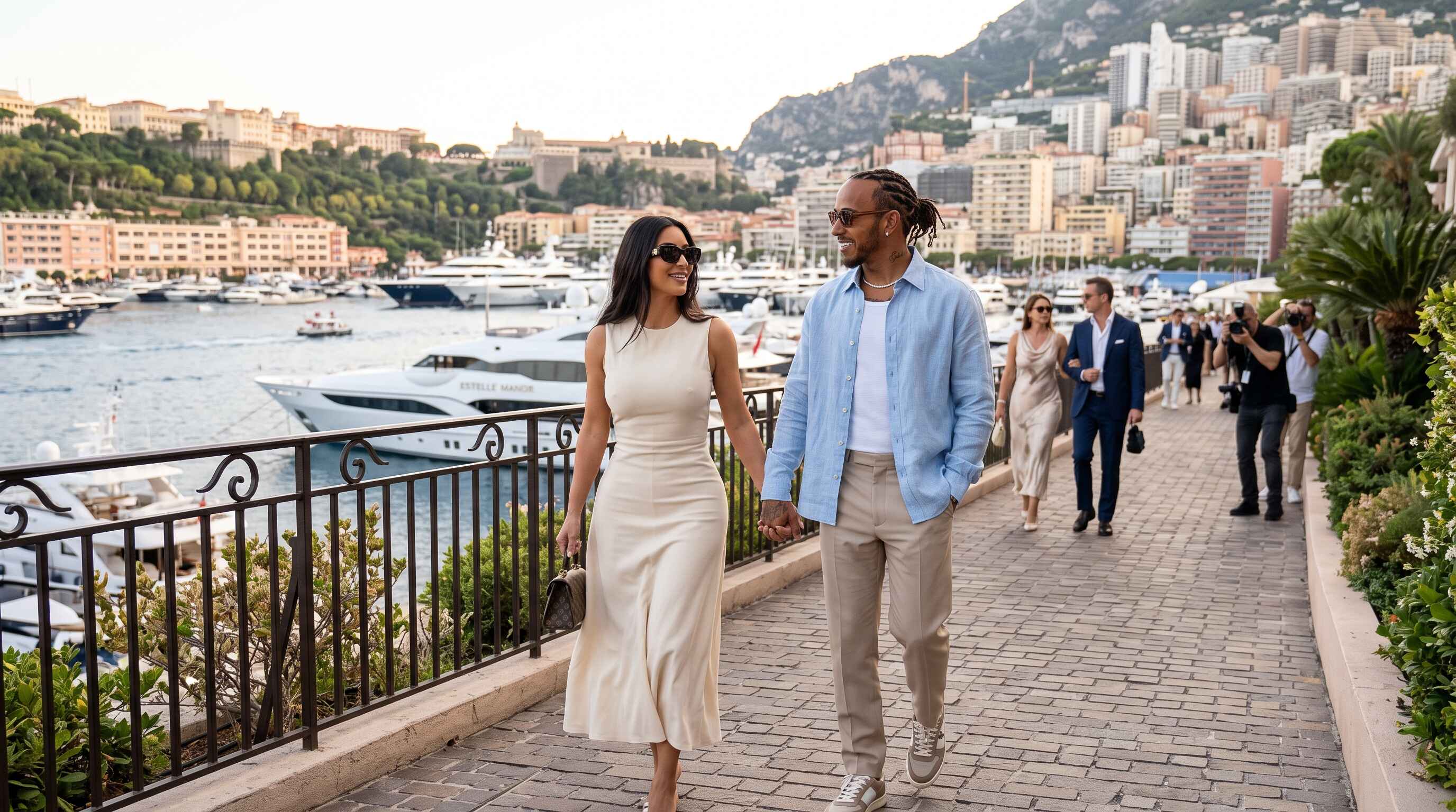 Lewis Hamilton et Kim Kardashian, vêtus de tenues élégantes, marchent main dans la main le long d'un quai bordé de yachts.
